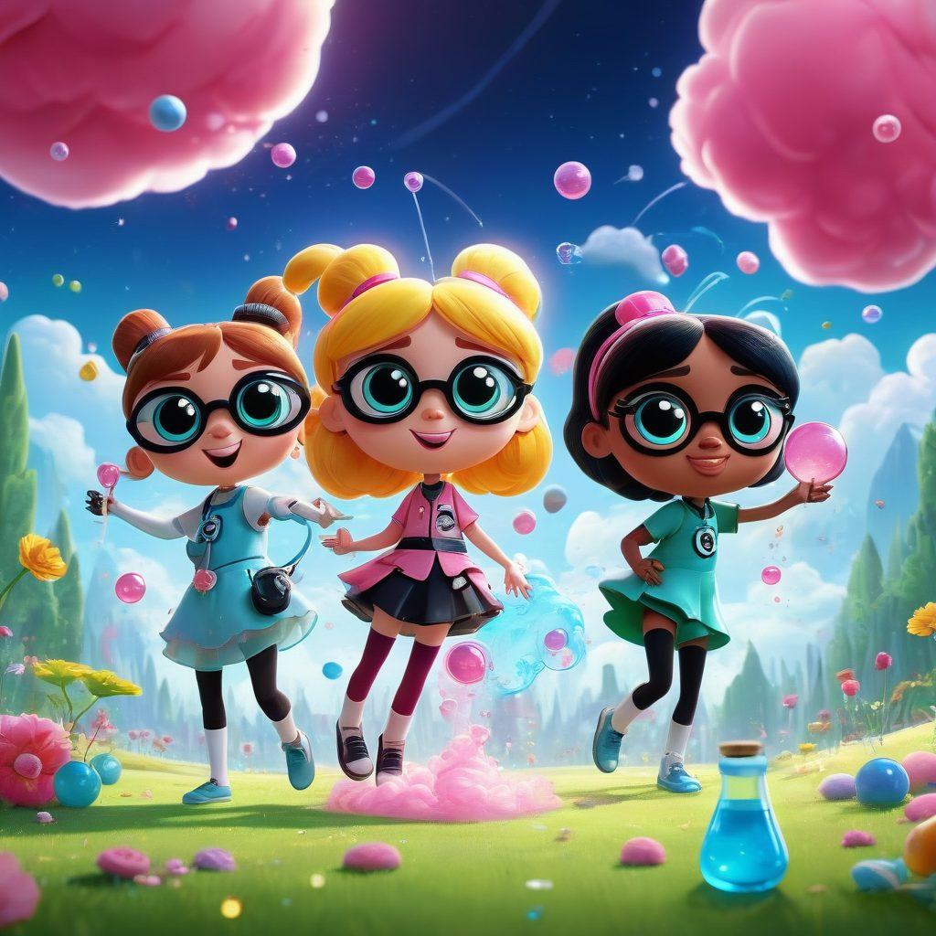 A vibrant scene showcasing the Powerpuff Girls engaging in a colorful chemistry experiment, surrounded by whimsical elements like bubbling potions, sparkling beakers, and playful clouds of colorful gas. Each girl is represented in their unique colors, interacting joyfully with their surroundings, illustrating friendship and teamwork. Add elements of science like molecular structures and animated cartoon-style doodles floating around them. super-realistic. vibrant colors. cartoon style.