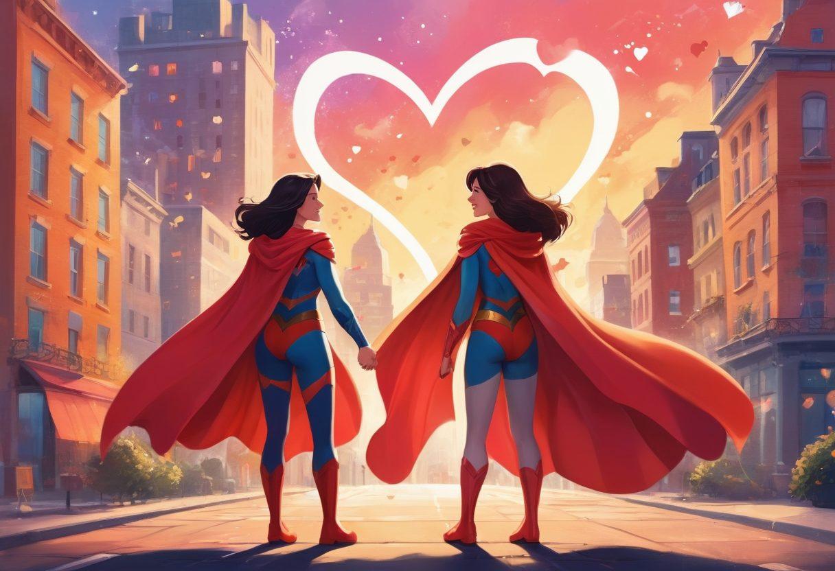 A whimsical illustration of two cartoon superheroines standing together, surrounded by a vibrant cityscape. They share a tender moment with soft smiles, their capes fluttering in the wind. The background features comic-style city buildings and playful elements like hearts and stars, representing their journey from friendship to romance. The color palette should be bright and playful, evoking a sense of joy and warmth. digital painting. vibrant colors. cartoon style.