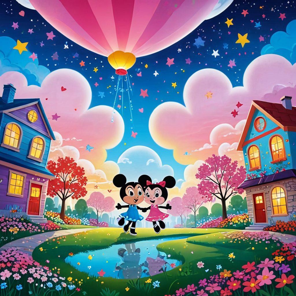 A whimsical scene featuring the Powerpuff Girls in a vibrant, magical cityscape, surrounded by hearts and sparkles. Showcase Blossom, Bubbles, and Buttercup sharing joyful moments with their love interests, emphasizing friendship and romance. Include colorful flowers and playful clouds in the background, radiating warmth and charm. Capture the essence of cartoon adventure with bold outlines and bright colors. vibrant colors. cartoon style. magical realism.